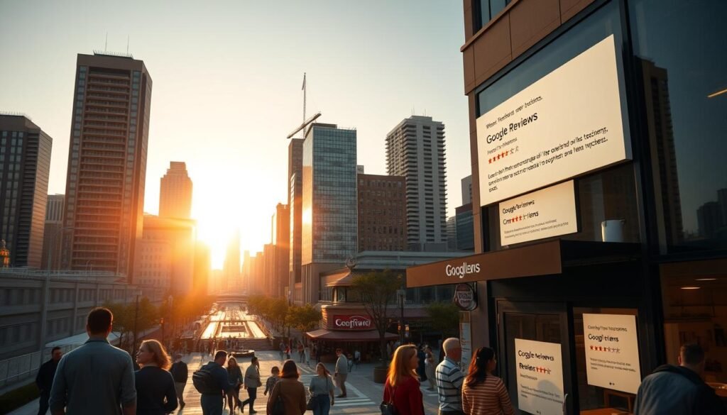 A bustling city skyline at golden hour, the sun's warm glow casting long shadows across towering office buildings. In the foreground, a well-reviewed local business stands proud, its storefront windows displaying positive Google reviews glowing softly on glass screens. Passersby stop to read the reviews, their expressions conveying a sense of trust and confidence in the establishment. The middle ground features a central plaza, where people gather to dine, socialize, and share their own experiences. In the background, a hazy horizon hints at the broader landscape, suggesting the far-reaching impact of a strong online reputation.