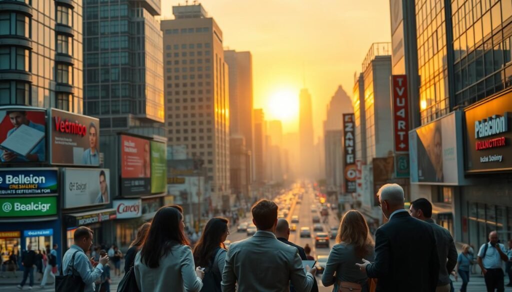 A bustling urban landscape, with towering buildings and a vibrant streetscape. In the foreground, a group of professionals gathered, engaged in a discussion about local SEO services. They are well-dressed, with laptops and mobile devices, conveying an air of expertise and professionalism. The mid-ground features prominent signage and storefronts, highlighting the diverse local businesses in the area. The background is a hazy skyline, with a warm, golden glow from the setting sun, creating a sense of warmth and productivity. The lighting is soft and diffused, creating depth and dimension. The overall scene reflects the importance of local SEO services in helping businesses thrive within their community.