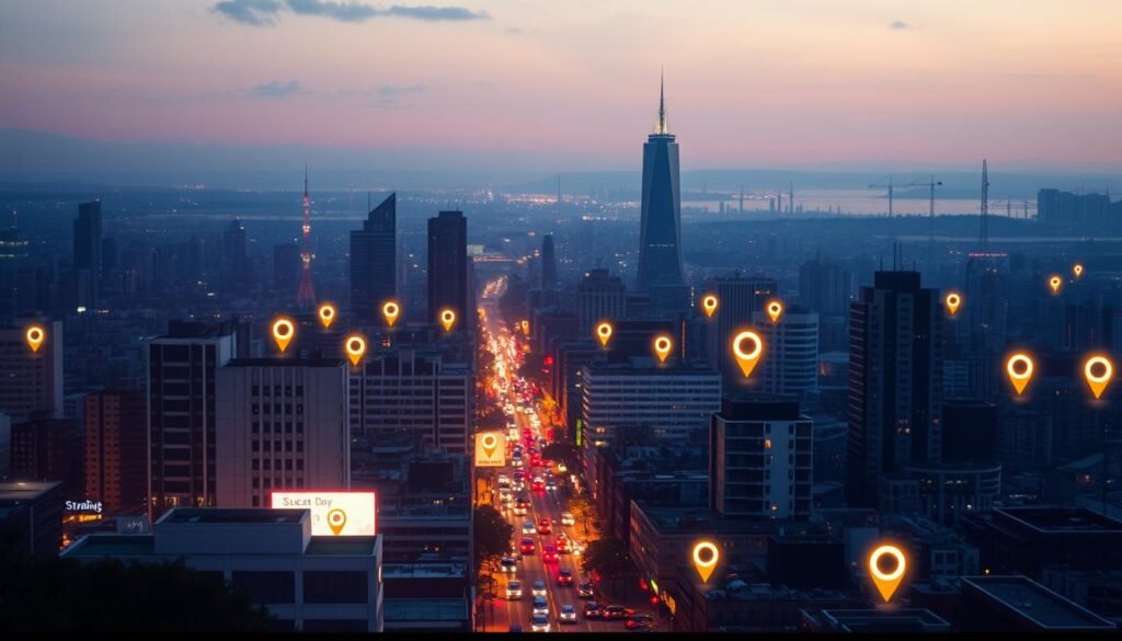 A cityscape at twilight, with glowing location signals scattered across the urban landscape. In the foreground, bright neon signs and digital map markers illuminate the streets, guiding the viewer's eye towards the bustling city center. In the middle ground, skyscrapers and office buildings cast long shadows, their windows emitting a soft, ambient glow. In the background, a hazy skyline fades into the distance, punctuated by the pulsing signals of cell towers and satellite dishes. The scene is bathed in a warm, golden light, conveying a sense of technological connectivity and the importance of local search in navigating the modern urban environment.