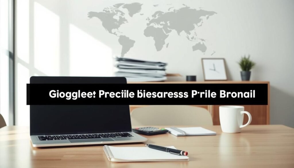 A clean, professional-looking office desk with essential business tools and documents. In the foreground, a laptop, a pen, and a notebook are neatly arranged. In the middle ground, a stack of folders, a calculator, and a mug of coffee. The background features a minimalist wall with a stylized world map or company logo. Soft, natural lighting illuminates the scene, creating a sense of productivity and organization. The overall mood is one of efficiency and attention to detail, reflecting the key components of effective Google Business Profile management. Professional office desk with laptop, business documents, calculator, and coffee cup, emphasizing organization and productivity for effective Google Business Profile management.