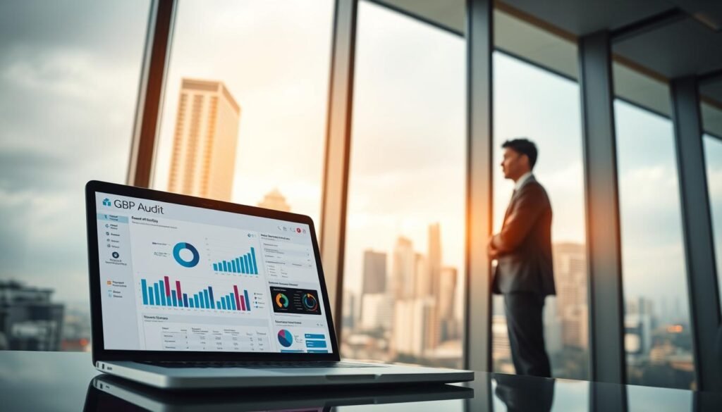 Laptop displaying GBP Audit data and graphs in a corporate office with a city skyline view, emphasizing the importance of GBP optimization for customer engagement and visibility.