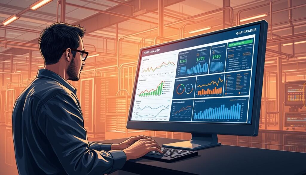 Man analyzing GBP Grader dashboard displaying SEO performance metrics and data-driven insights for local business optimization.