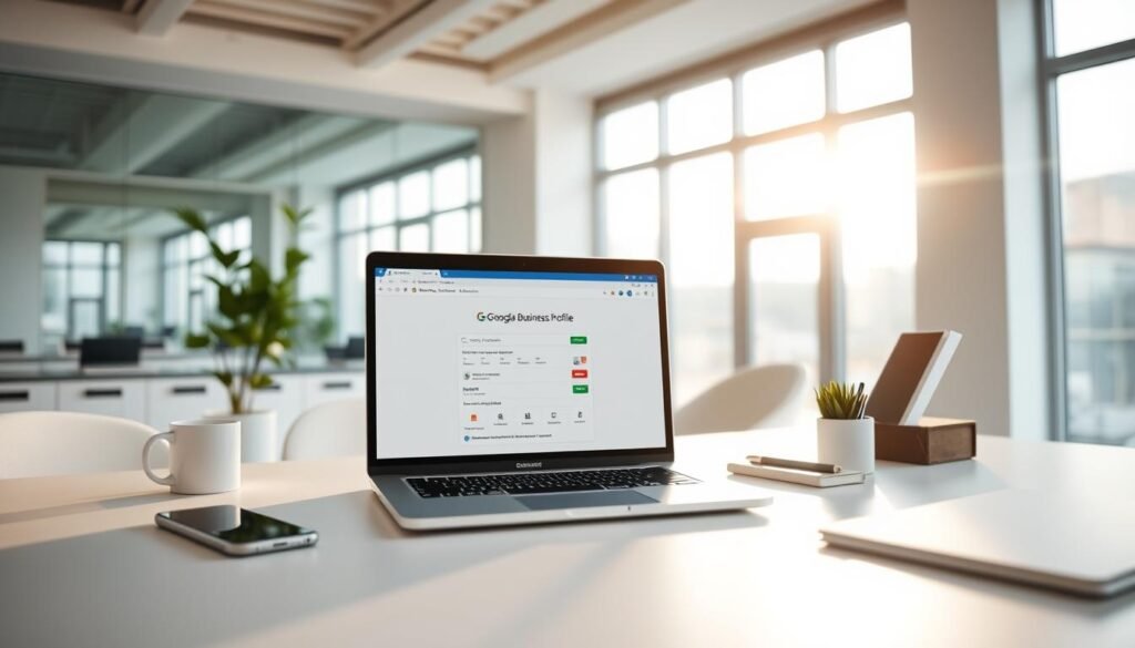 A modern and minimalist office setting, featuring a sleek laptop displaying the Google Business Profile setup interface. The laptop is positioned on a clean, minimalist desk, surrounded by essential office supplies and a plant for a touch of greenery. The room is well-lit, with soft, natural lighting flooding in through large windows, creating a serene and productive atmosphere. The camera angle is slightly elevated, capturing the setup from an overhead perspective, showcasing the clean and organized desktop. The overall composition conveys a sense of professionalism and efficiency, reflecting the importance of properly setting up a Google Business Profile.