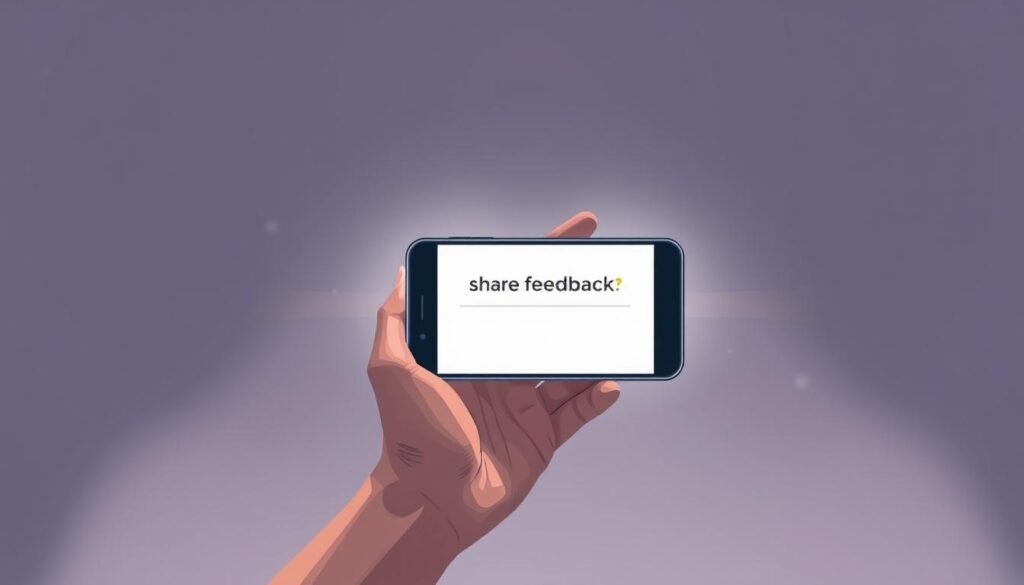 A modern, minimalist digital illustration showcasing the concept of "share feedback". In the foreground, a hand is holding a smartphone with a simple, clean user interface prompting the user to "Share Feedback". The background features a minimalist geometric pattern in soft, muted tones, creating a sense of simplicity and focus. The lighting is soft and diffused, with a subtle glow emanating from the smartphone screen. The overall composition and color palette convey a professional, trustworthy, and user-friendly atmosphere, perfectly suited for the "Promoting Your Google Reviews" section of the article.