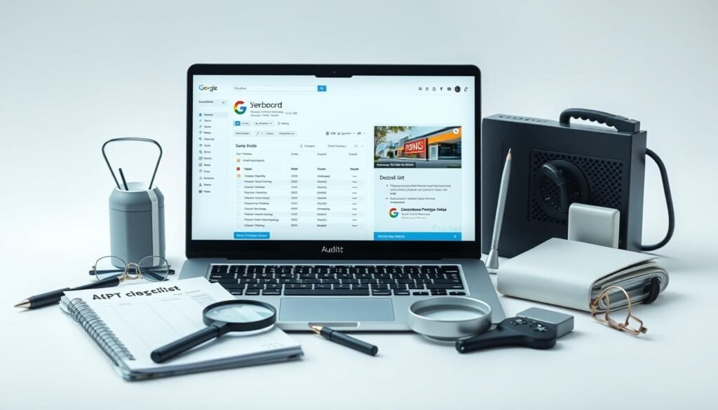 Laptop displaying Google Business Profile audit dashboard surrounded by audit tools, notebook, magnifying glass, and office supplies, emphasizing GBP optimization and analysis.