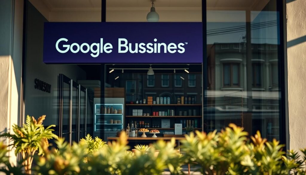 A vibrant, professional-looking Google Business Profile photo showcasing a local storefront or service-based business. The scene is well-lit, with natural lighting streaming through large windows in the foreground. The business signage and branding are prominently displayed, conveying a sense of professionalism and attention to detail. The middle ground features tastefully arranged products or services, creating an inviting and visually appealing atmosphere. The background subtly blends urban or rural landscape elements that establish a sense of place and local character. The overall composition and color palette convey a mood of approachability, reliability, and community engagement. Google Business Profile storefront with visible signage, showcasing products inside and enhancing local visibility for businesses.