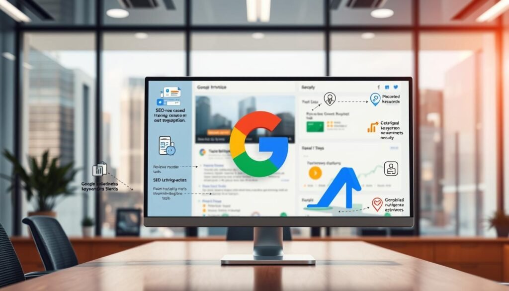 A well-lit, high-resolution image of a modern office setting, with a large desktop computer monitor displaying a Google Business Profile dashboard. In the foreground, various optimization strategies are illustrated through icons and infographic elements, such as SEO-focused keywords, review management tools, and local listing optimization tactics. The middle ground features a stylized 3D representation of the Google logo, conveying the importance of the Google Business Profile platform. The background showcases a blurred cityscape, hinting at the local and geographic nature of the subject matter. The overall mood is professional, informative, and visually engaging.
