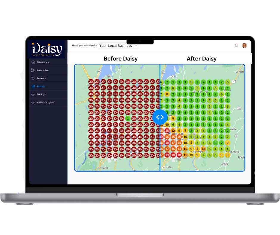 Before and after comparison of local business performance metrics displayed on a laptop, illustrating improvements in Google Business Profile visibility with color-coded maps and scores for local search optimization.