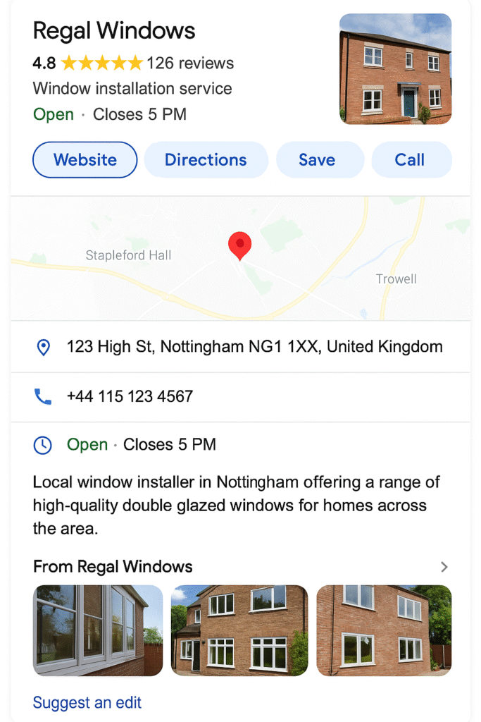 Regal Windows Google Business Profile featuring star rating, contact information, and local window installation service details, highlighting high-quality double glazed windows.