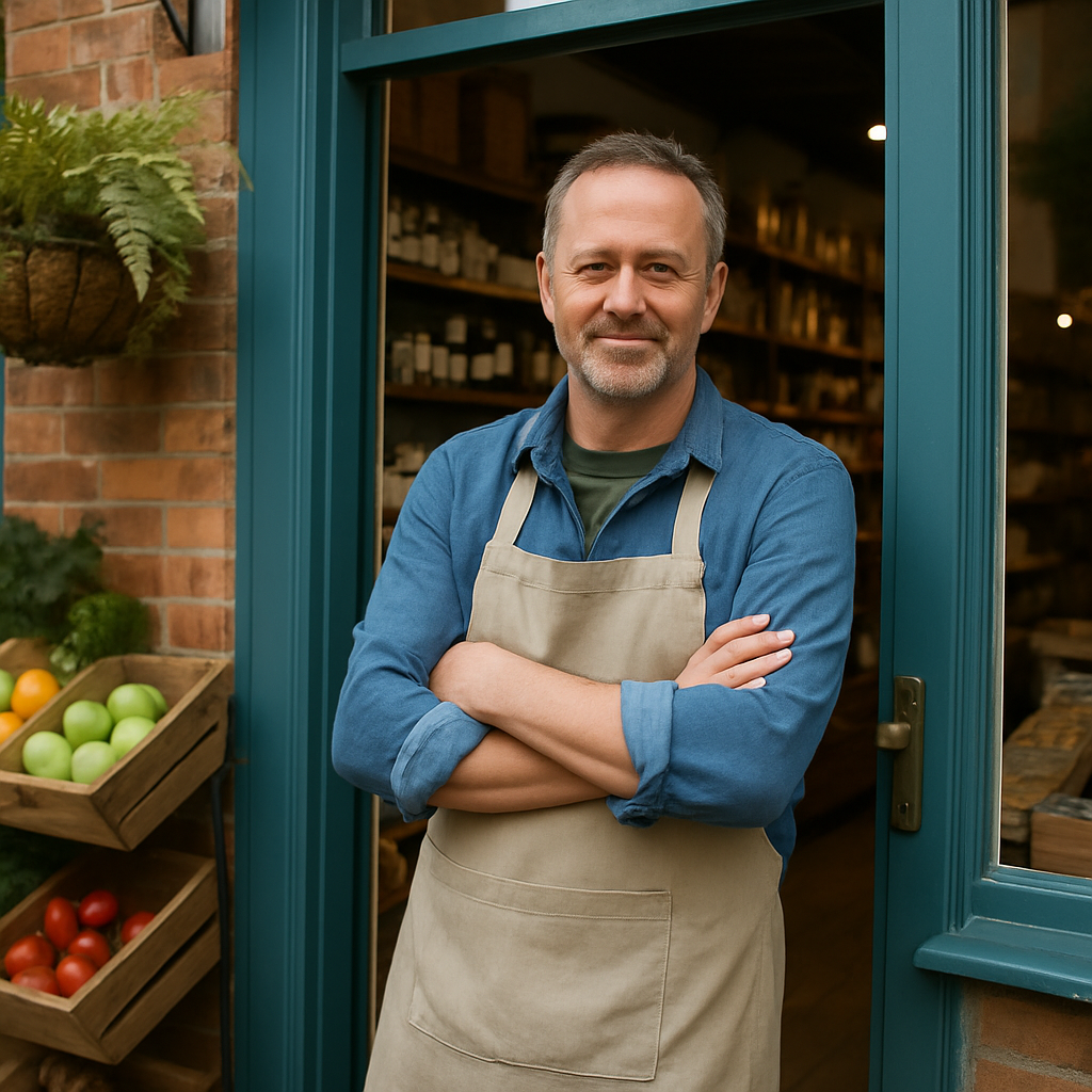 Man in apron standing at the entrance of a shop with shelves of products, representing local business and customer engagement for GBP Manager's services.