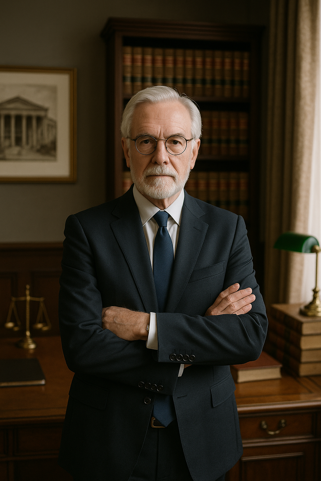 Professional older man in a suit with glasses, arms crossed, standing in an office setting with law books and a scale of justice in the background, conveying authority and expertise relevant to local business visibility and reputation management.