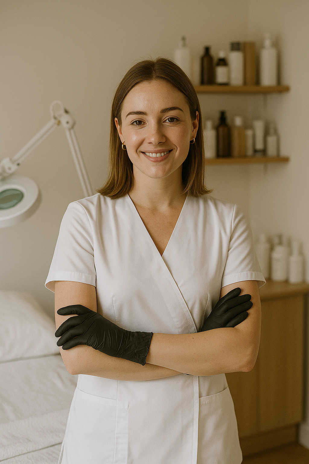 Smiling female aesthetician in a white uniform with black gloves, standing confidently in a skincare treatment room with shelves of products in the background.