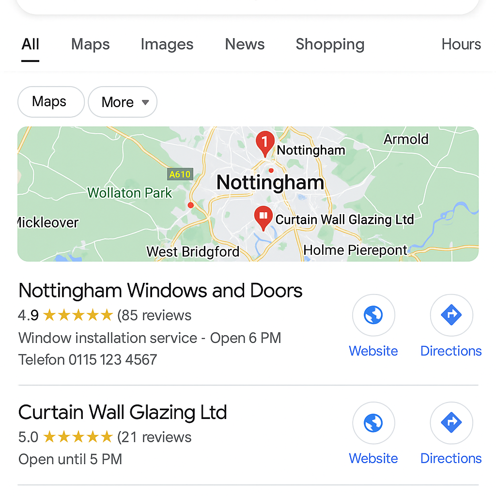 Map of Nottingham highlighting local businesses with Google Business Profile listings, featuring Nottingham Windows and Doors and Curtain Wall Glazing Ltd, showcasing ratings, services, and contact information.