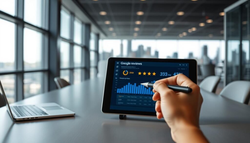 Hand holding a stylus pointing at a tablet displaying Google reviews analytics, featuring star ratings and a performance graph, with a laptop visible on a conference table in a modern office setting.