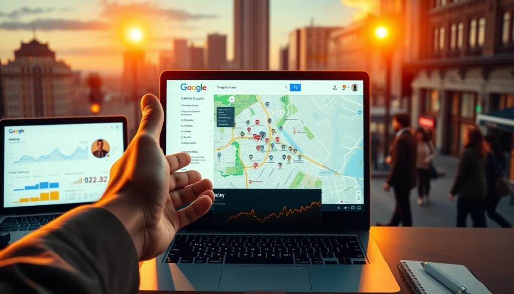 Hand reaching towards a laptop displaying Google Maps with local business markers, accompanied by a second screen showing analytics data, symbolizing Google Business optimization strategies for enhancing local visibility and lead generation.
