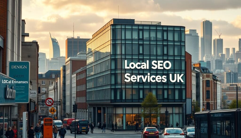 Local SEO Services UK signage on modern building in urban setting, showcasing local business focus and search visibility enhancement.