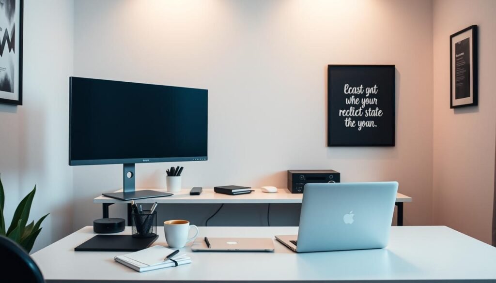 Modern workspace with a laptop, monitor, stationery, and coffee cup, emphasizing productivity and organization for optimizing Google Business Profiles.
