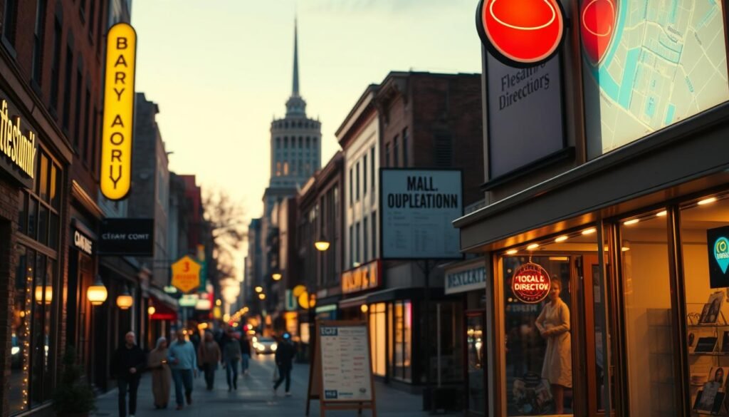 A bustling city street at dusk, with local businesses and storefronts lining the sidewalks. The warm glow of neon signs and streetlights illuminates the scene, creating a vibrant and inviting atmosphere. In the foreground, a well-designed storefront with clear signage and a tasteful window display catches the eye, hinting at the business's strong local presence and attention to detail. The mid-ground features a directory board or city map, highlighting the diverse range of local offerings and guiding pedestrians to discover them. In the background, a towering landmark or notable architectural feature adds depth and character to the urban landscape, reflecting the unique identity of the neighborhood. The overall composition conveys a sense of community, accessibility, and the importance of optimizing a business's local visibility and digital presence.