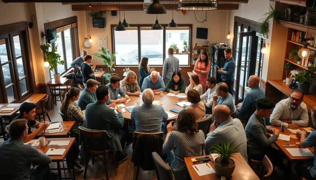 Community forum meeting in a cozy café, with business owners discussing Google My Business strategies around a circular table, featuring engaged participants and a warm, inviting atmosphere.