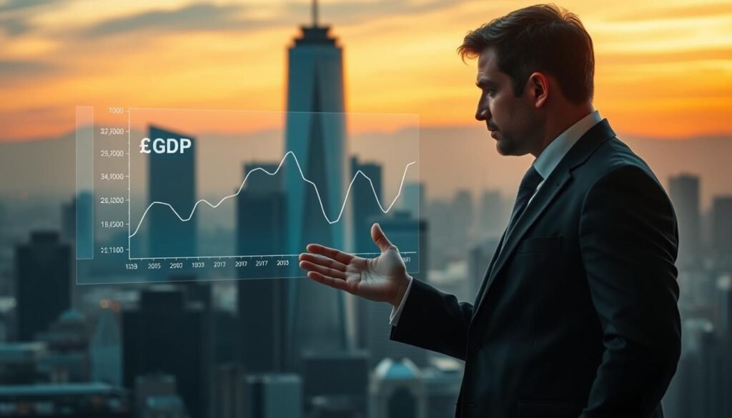 A city skyline at dusk, the silhouettes of skyscrapers against an orange-hued sky. In the foreground, a businessman in a sharp suit stands, gesturing towards a holographic display showcasing a line graph depicting the British Pound's performance. The graph undulates, highlighting areas for improvement. Soft, directional lighting casts shadows, emphasizing the man's decisive pose as he examines the data, contemplating strategies to optimize his business's local visibility and GBP standings. The scene conveys a sense of urgency and determination to overcome challenges and seize opportunities.