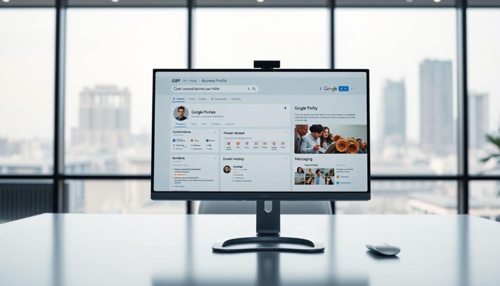 A comprehensive Google Business Profile overview displayed on a sleek, modern desktop computer screen. The display shows the GBP dashboard, featuring a clean, intuitive interface with various sections like business information, insights, reviews, and messaging. The screen is well-lit, with soft, directional lighting creating depth and highlighting the details. The background is a minimalist, professional office setting, with a subtle, blurred cityscape visible through a large window. The overall tone is one of efficiency, clarity, and a dedication to helping businesses succeed online.