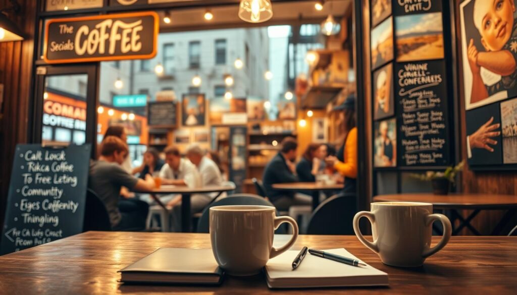 A cozy coffee shop nestled in the heart of a bustling urban district, its inviting exterior adorned with warm lighting and a chalkboard sign showcasing the daily specials. Through the large windows, patrons can be seen enjoying steaming mugs of coffee and local delicacies, surrounded by walls covered in vibrant local artwork and photographs that capture the essence of the community. In the foreground, a table with a laptop, notebook, and a mug of coffee, reflecting the focus on creating engaging local content that connects with the neighborhood. The overall scene conveys a sense of local pride, authenticity, and a welcoming atmosphere that invites the viewer to immerse themselves in the community.