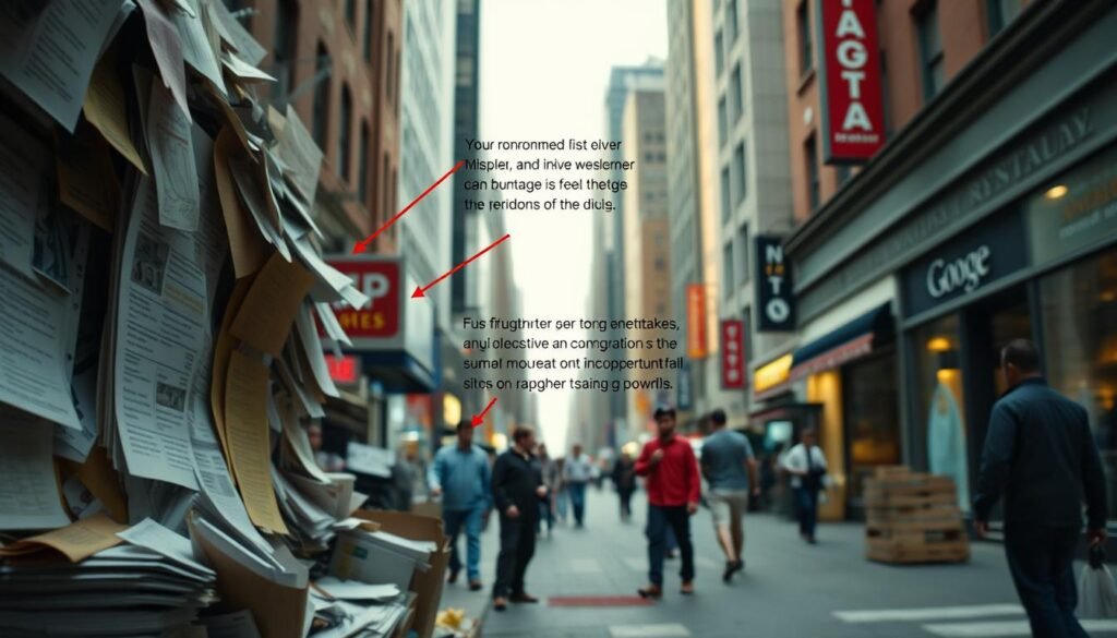 A detailed, high-resolution image showcasing common mistakes related to Google Business Profile (GBP) management. In the foreground, depict a cluttered, incomplete GBP listing with incorrect information, missing images, and outdated details. In the middle ground, illustrate the consequences of these mistakes, such as frustrated customers, negative reviews, and loss of potential business. In the background, create a sense of a bustling urban environment, hinting at the missed opportunities for growth and visibility. Use a cinematic, slightly desaturated color palette to convey a serious, cautionary tone. Employ realistic lighting and depth of field to enhance the sense of depth and realism.