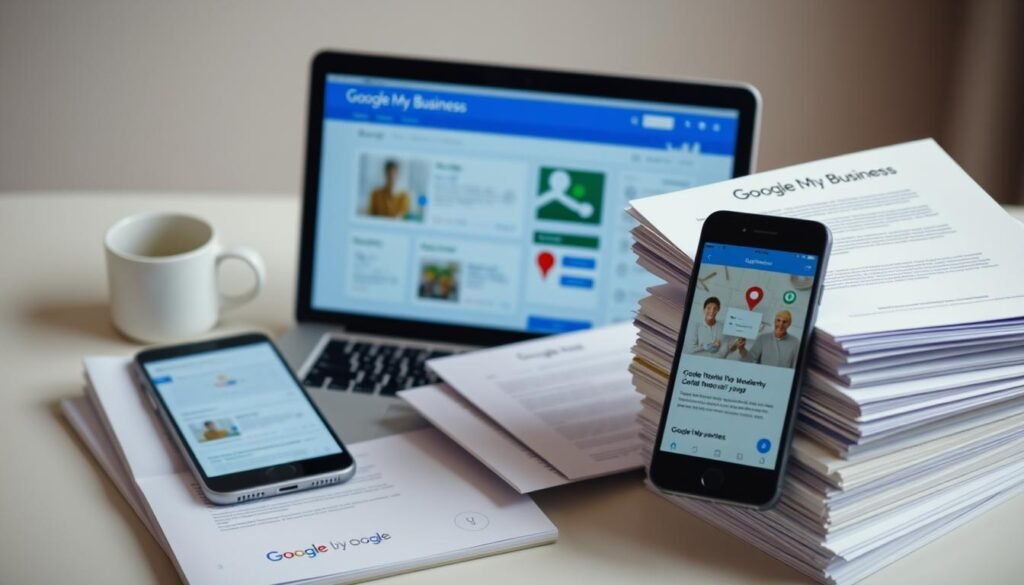 A high-resolution, detailed image of various Google My Business resources and tools, including a laptop displaying the GMB dashboard, a smartphone with the GMB mobile app, and a stack of printed GMB guidelines and documentation. The image has a clean, professional look with soft lighting, neutral tones, and a subtle depth of field effect. The arrangement of the elements creates a sense of organization and utility, reflecting the informative nature of the "Google My Business Help UK: Resources and Updates" section.