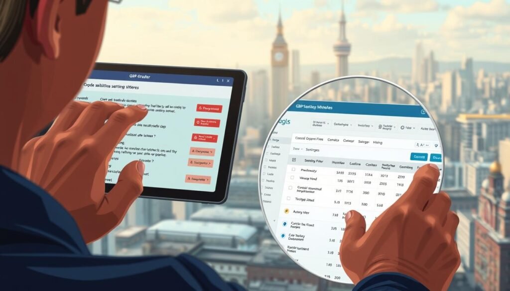 A meticulously detailed illustration showcasing the common mistakes made when using the GBP Grader tool. In the foreground, a human hand operates a digital device displaying the GBP Grader interface, with various error messages and incorrect settings highlighted. The middle ground features a magnified view of the tool's dashboard, showcasing common user errors such as incorrect keyword selections, missing location data, and improperly configured filters. The background depicts a cityscape with buildings and landmarks, hinting at the importance of accurate local visibility optimization. The scene is illuminated by a soft, diffused light, creating a mood of thoughtful introspection and the desire to improve one's digital marketing strategies.