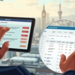 Hands using a tablet displaying Google Business Profile management tools, with a city skyline and Big Ben in the background, illustrating GBP optimization strategies for UK businesses.