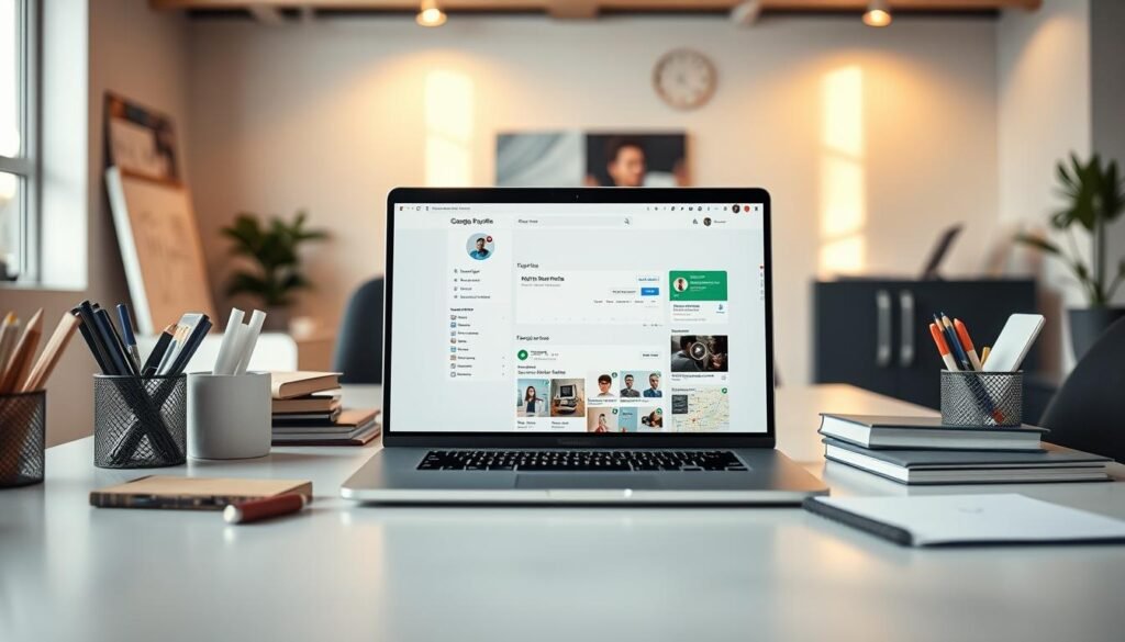 A modern office setting with a prominent Google Business Profile interface on a laptop screen, surrounded by office supplies and a minimalist, clean desktop. Soft, natural lighting casts a warm glow, emphasizing the importance and centrality of the GBP in local SEO strategy. The overall mood is professional, informative, and visually appealing, guiding the viewer's attention to the key details of the GBP platform and its critical role in improving local search visibility for small businesses.
