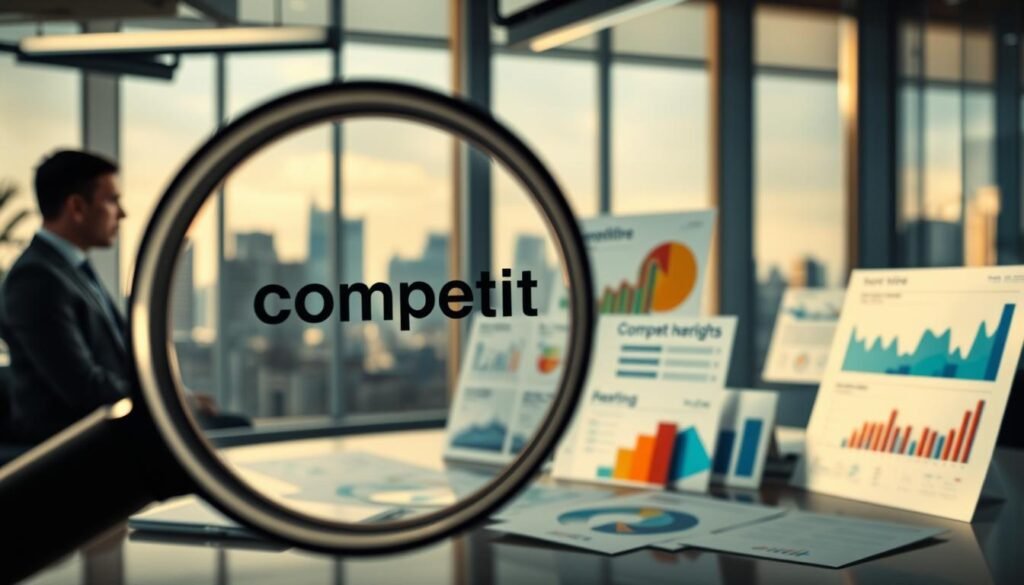 A strategic business landscape with a large magnifying glass in the foreground, highlighting key competitors in the market. In the middle ground, various data visualizations and reports showcase competitive analysis and insights. The background depicts a modern office setting with a city skyline visible through the windows, conveying a sense of professionalism and decisiveness. The lighting is a balanced mix of natural and artificial, creating a sophisticated and authoritative atmosphere. The camera angle is slightly elevated, providing an overview of the scene and emphasizing the importance of the competitor analysis.