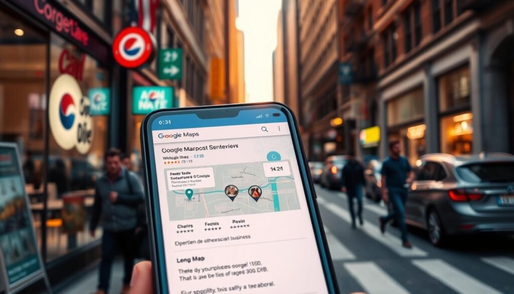 A vibrant, visually engaging photograph showcasing a local business's Google Maps profile. In the foreground, a smartphone display is prominently featured, its screen filled with a detailed Google Maps listing - clean layout, positive reviews, and high-quality images capturing the business's storefront and interior. The middle ground reveals the business's signage and facade, bathed in warm, natural lighting that highlights its curb appeal. In the background, a bustling city street sets the scene, with pedestrians and vehicles creating a sense of energy and foot traffic. The overall composition conveys a professional, polished aesthetic that would captivate potential customers searching for a business like this on Google Maps.