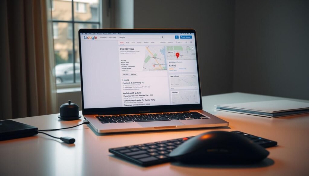 A well-lit Google Maps listing displayed on a laptop screen, sitting on a clean, minimalist desk. The screen shows a detailed business profile, including location, hours, reviews, and contact information. The desk surface is neatly organized, with a sleek mouse and keyboard in the foreground. Warm, diffused lighting from a nearby window creates a professional, productive atmosphere. The overall scene conveys a sense of focus and attention to detail, reflecting the importance of establishing a strong online presence for a local business.