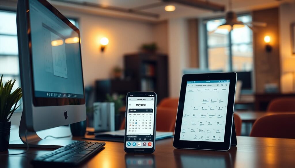 A well-lit office scene with a desktop computer, a smartphone, and a tablet displaying various business hours updates. The foreground features a desktop with a sleek design, a modern monitor, and a neatly organized workspace. In the middle ground, a smartphone and a tablet are positioned, showcasing different calendar apps and schedules. The background depicts a warm, inviting office environment with tasteful decor, subdued lighting, and a sense of productivity and professionalism. The overall atmosphere conveys the importance of maintaining up-to-date business information and the ease of managing it through digital tools. Well-lit office scene featuring a desktop computer, smartphone displaying a calendar, and a tablet showing a scheduling app, emphasizing the importance of accurate business information for Google Business Profiles.