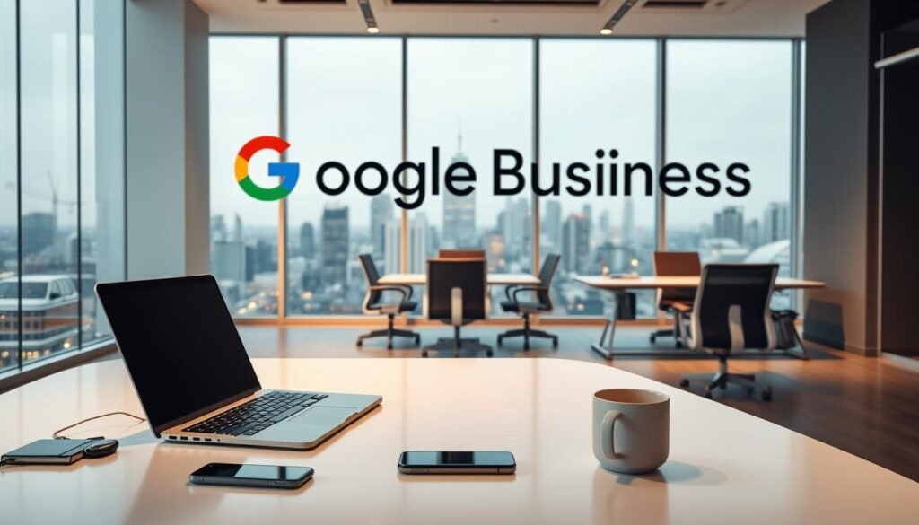A well-lit, professional office setting with a large Google Business logo prominently displayed on the wall. In the foreground, a laptop and smartphone are positioned on a clean, minimalist desk, along with office supplies and a mug of coffee. The middle ground features ergonomic office chairs and a conference table, creating an atmosphere of productivity and collaboration. The background showcases large windows overlooking a bustling city skyline, providing a sense of scale and sophistication. The overall lighting is warm and inviting, creating a welcoming and modern ambiance for the Google Business setup. Professional office setting featuring a laptop, smartphones, and a coffee cup, with a large Google Business logo prominently displayed in the background, emphasizing the importance of Google Business Profiles for enhancing local search visibility.