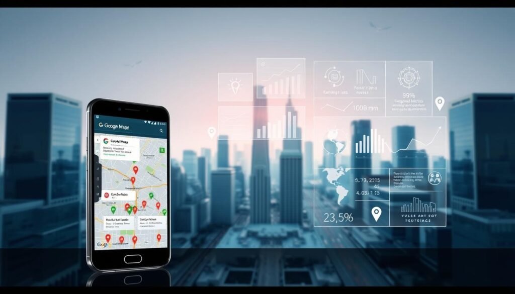 Smartphone displaying Google Maps with location markers and analytics graphs, set against a city skyline, illustrating local SEO and Google Maps ranking strategies.