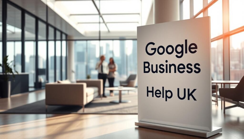 Google Business Help UK sign in modern office setting with two professionals discussing in the background, highlighting support for optimizing Google My Business listings.