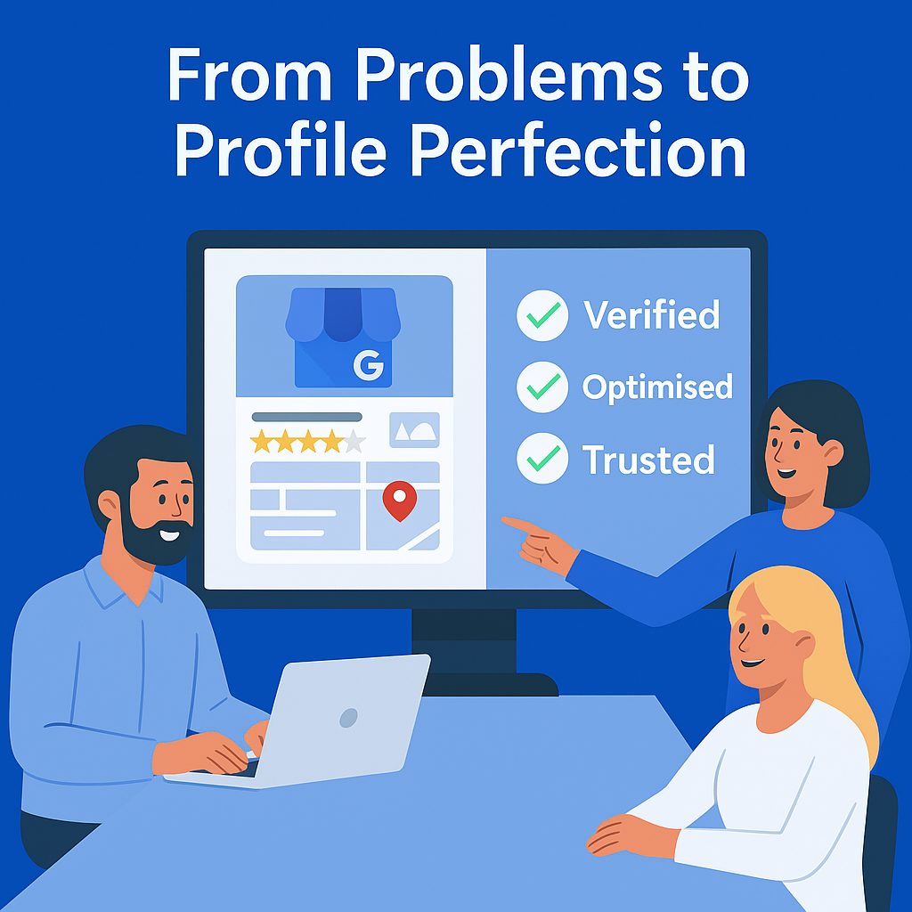 Image of a man and a woman discussing a Google Business Profile on a computer screen, highlighting features like "Verified," "Optimised," and "Trusted," with a focus on improving local business visibility and lead generation.