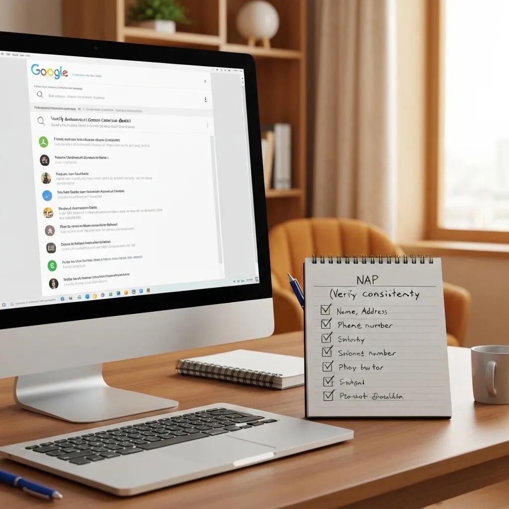 Checklist illustrating NAP consistency for local SEO, featuring a computer screen and notepad in an office setting