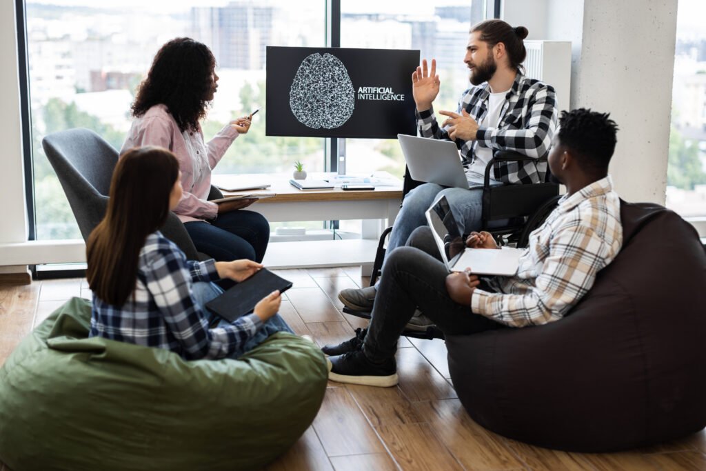 Group discussion on artificial intelligence, diverse participants engaged, digital presentation on AI concepts, modern office setting, promoting local SEO and digital marketing strategies.