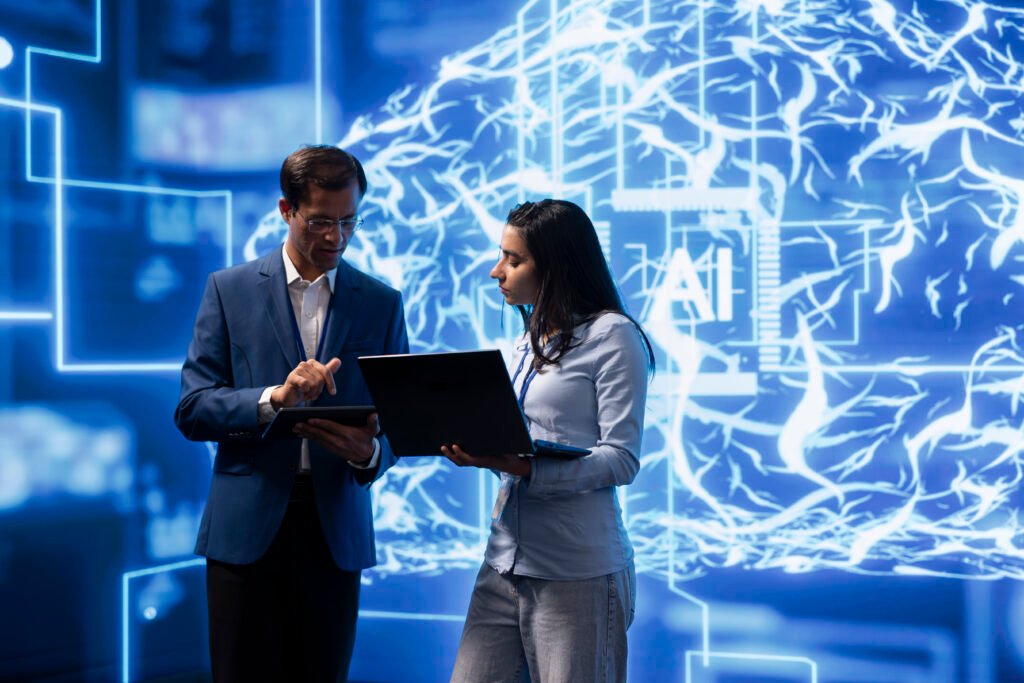 Professionals discussing AI-driven digital marketing strategies against a backdrop of neural network graphics, illustrating the integration of technology in local SEO.