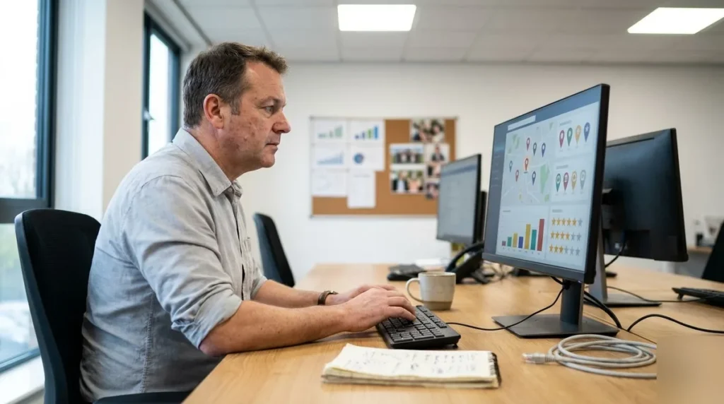Consultant reviewing AI business visibility search dashboard on office monitor in Northampton