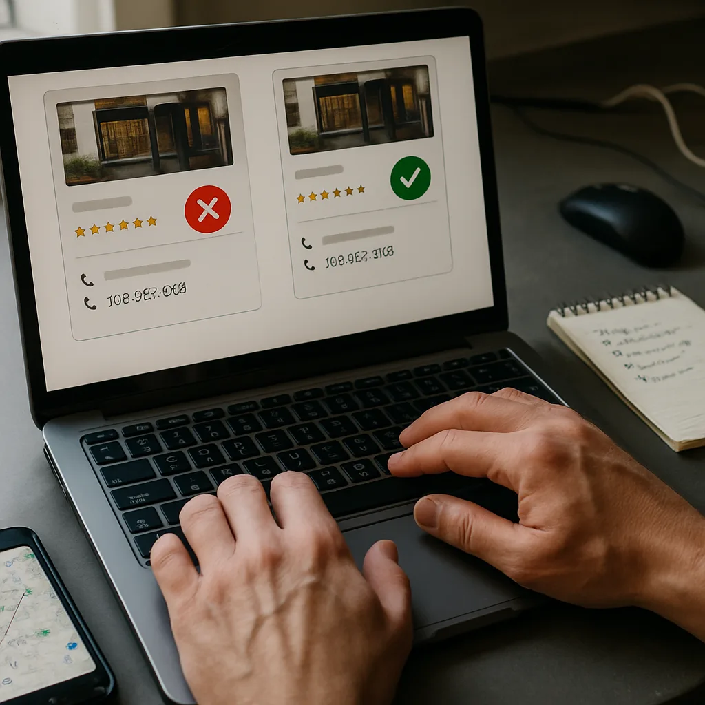 Hands typing near Google Business Profile screen showing reviews for AI search visibility