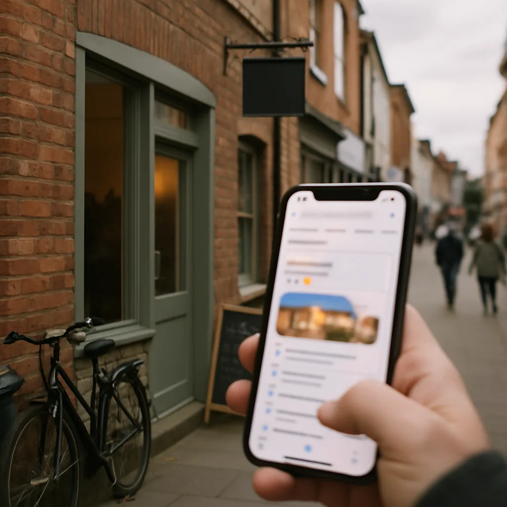 Smartphone showing AI search results outside a Northampton high street shopfront