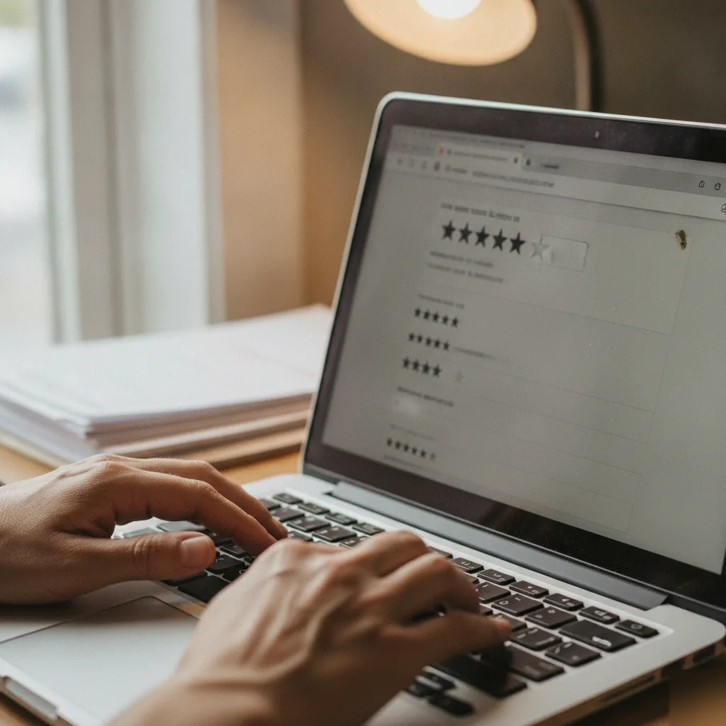 Hands typing while reviewing local customer reviews on laptop in Northampton
