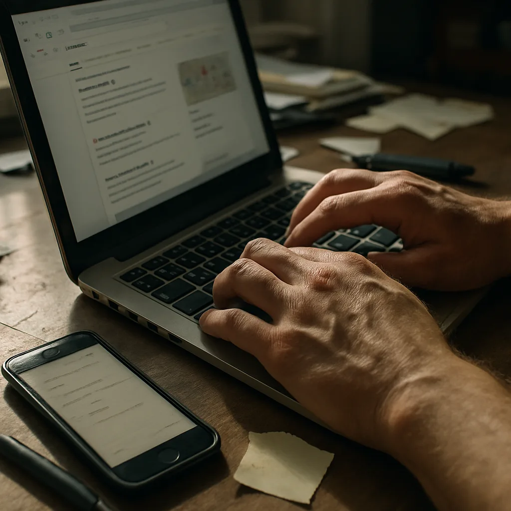 Close-up hands typing while checking Chat GPT Search listing for local business