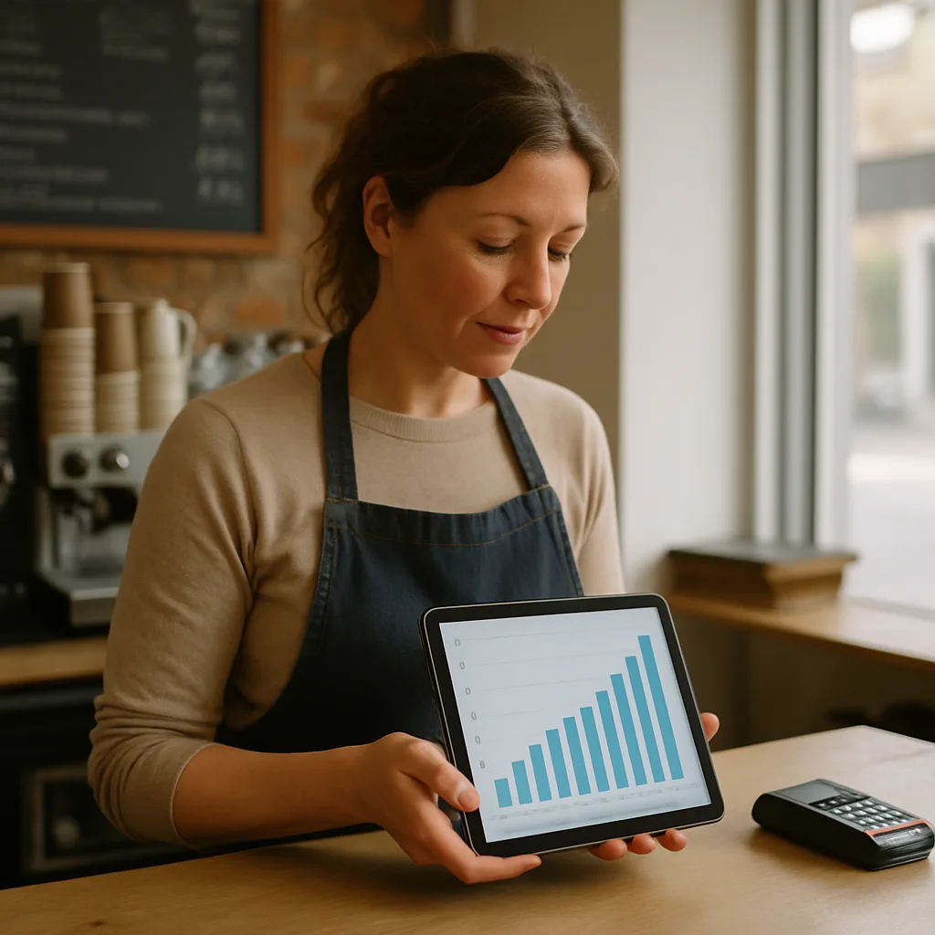 Shopkeeper viewing increased local enquiries chart after Chat GPT Search optimisation
