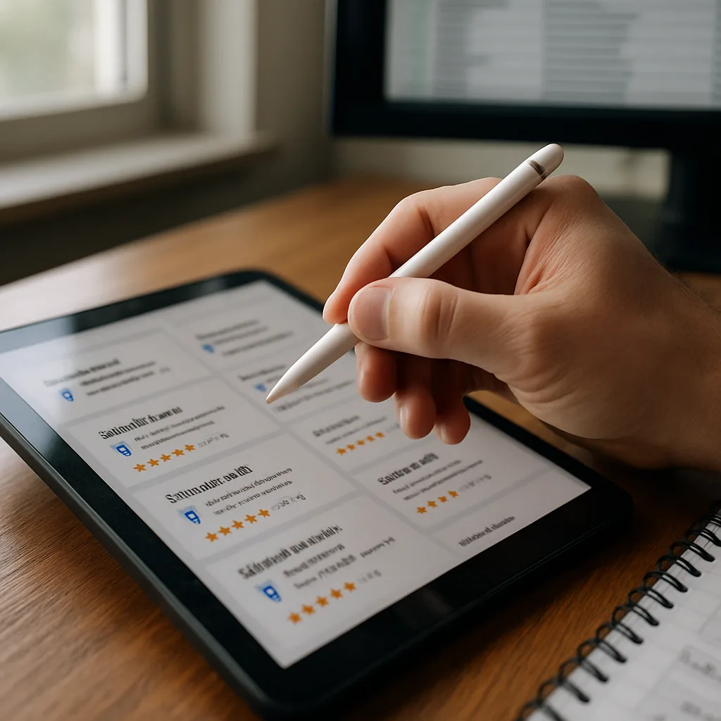 Hand reviewing business citations and reviews on tablet for AI search Northampton