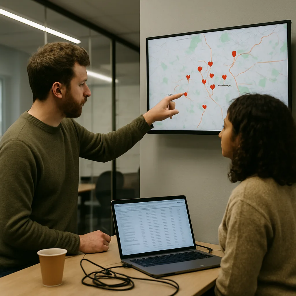 Team checking multi-location AI visibility map for Northampton marketing clients